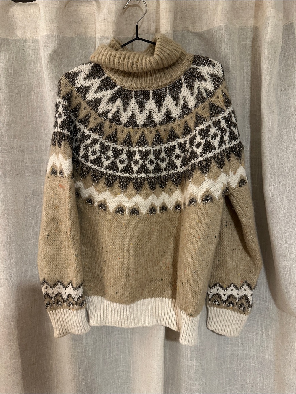 Pilcro Turtleneck Fair Isle Sweater in Beige, White, and Metallic Dark Brown